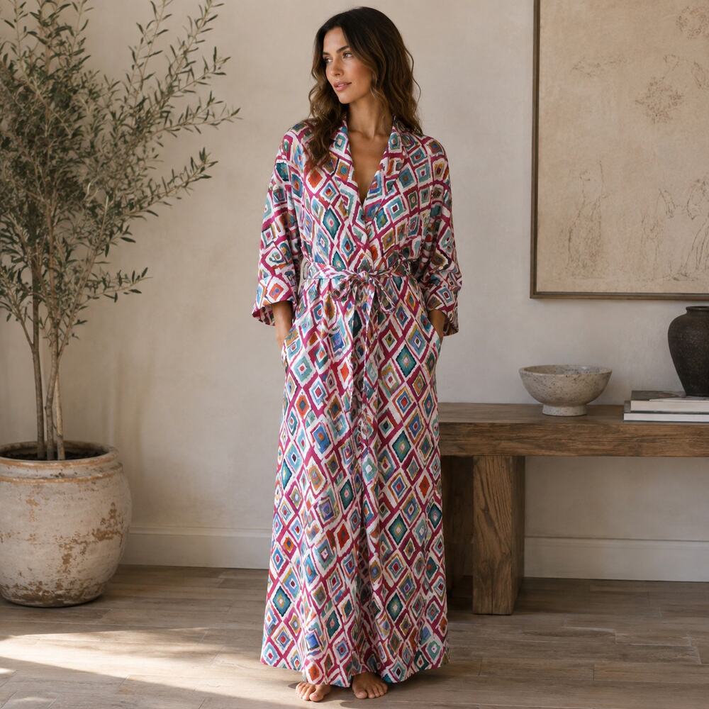 Mary McFadden Robe Women M Multicolor Geometric Maxi Belted Vintage Designer